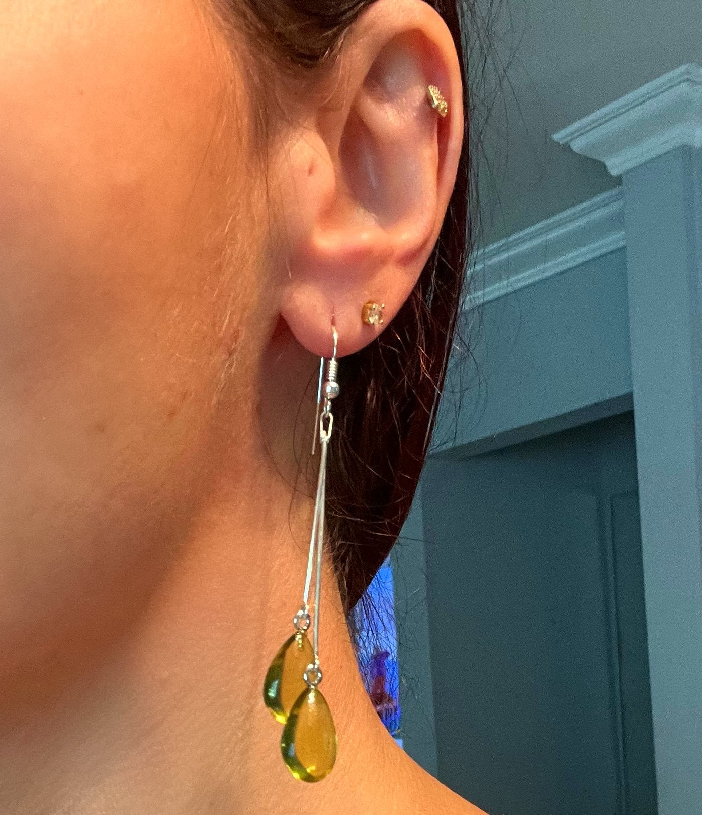 Green Amber Tear Dangle Earrings