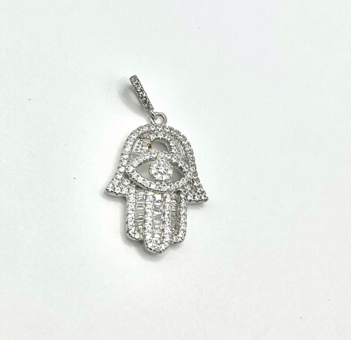 Sterling Silver CZ Hamsa Evil Eye Necklace Pendant