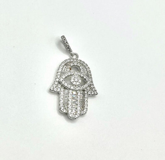 Sterling Silver CZ Hamsa Evil Eye Necklace Pendant