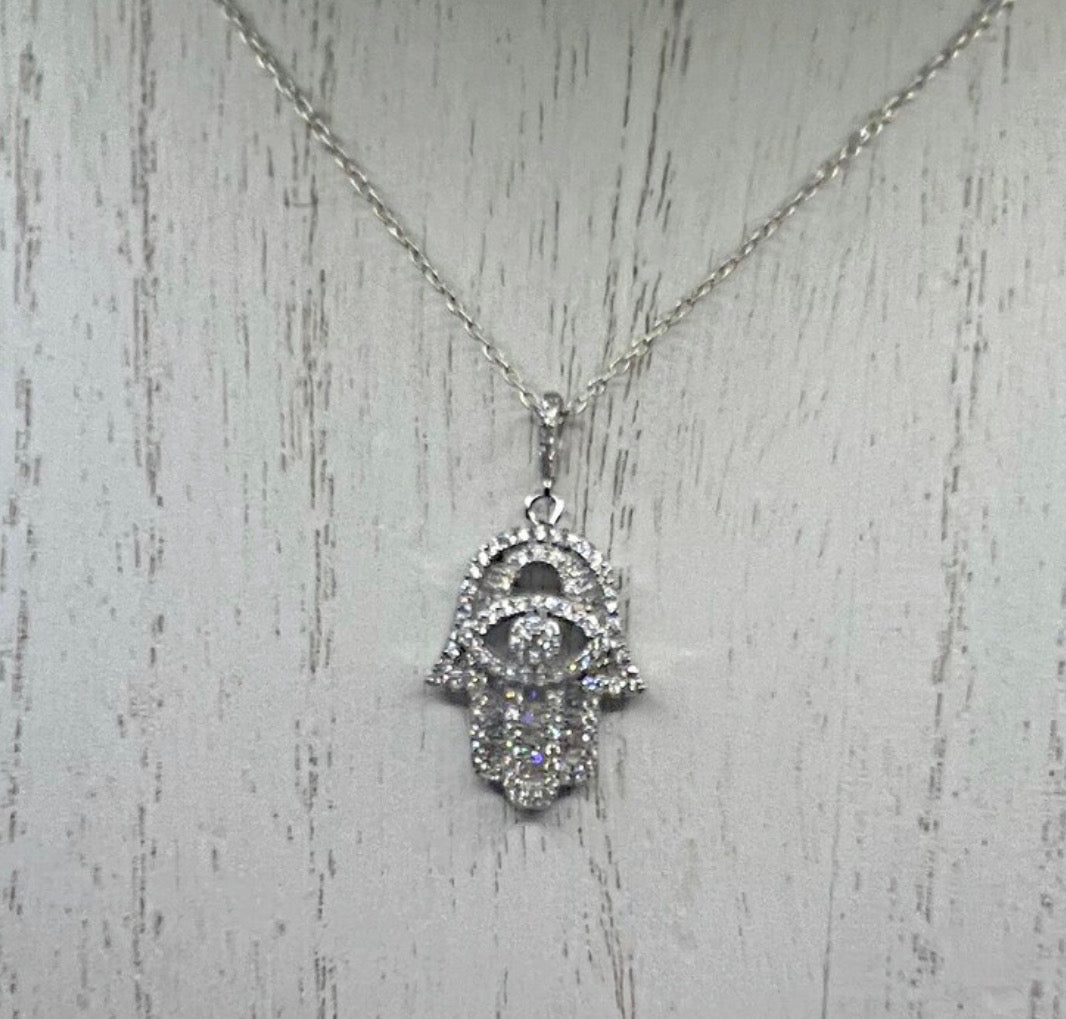 Sterling Silver CZ Hamsa Evil Eye Necklace Pendant