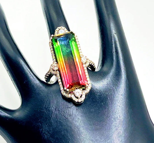 Rainbow Mystic Lab Topaz and CZ Sterling Silver Statement Ring