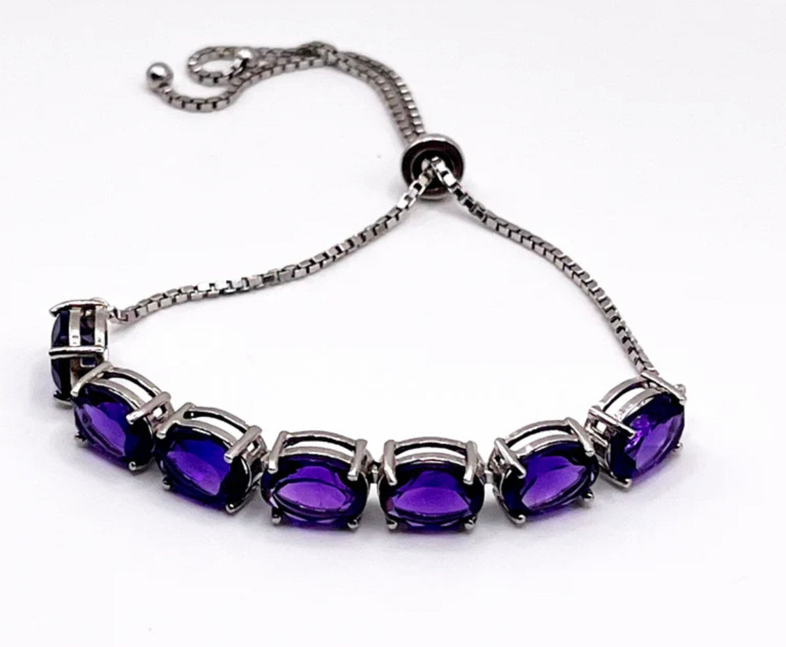Purple CZ & Sterling Silver Adjustable Bracelet