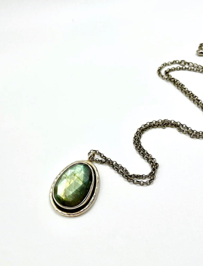 Rose Cut Labradorite Oval Pendant on Sterling Silver Necklace
