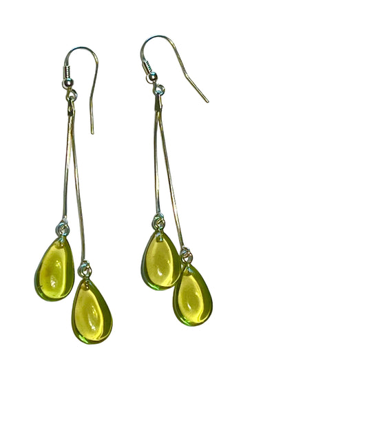 Green Amber Tear Dangle Earrings