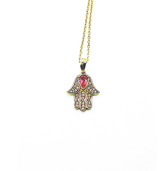 White and Pink Topaz Sterling Silver Hamsa Necklace Pendant