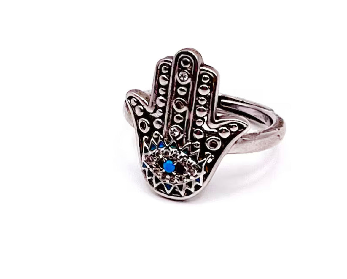 Sterling Silver Hamsa Ring with CZ and Lab Turquoise