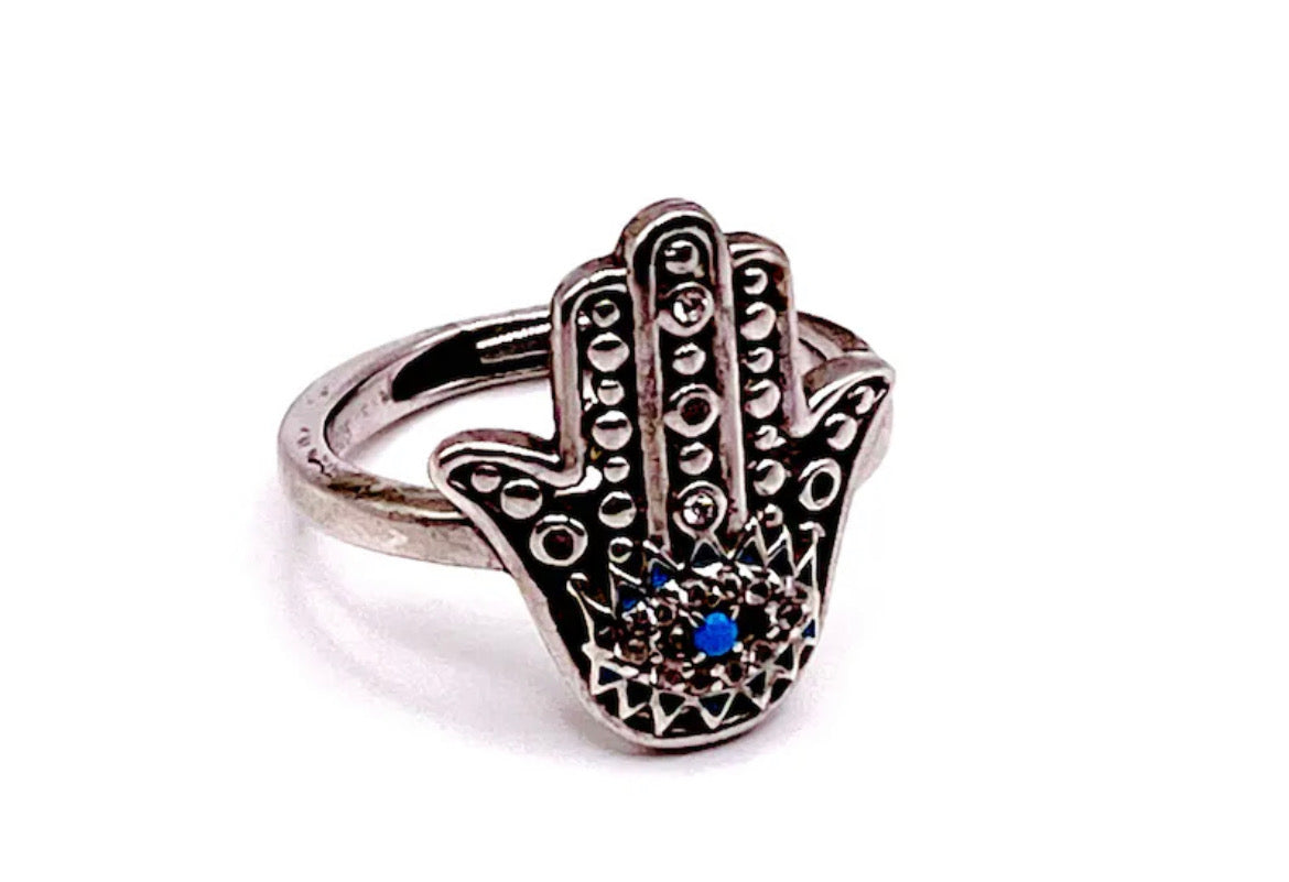 Sterling Silver Hamsa Ring with CZ and Lab Turquoise