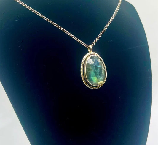 Rose Cut Labradorite Oval Pendant on Sterling Silver Necklace