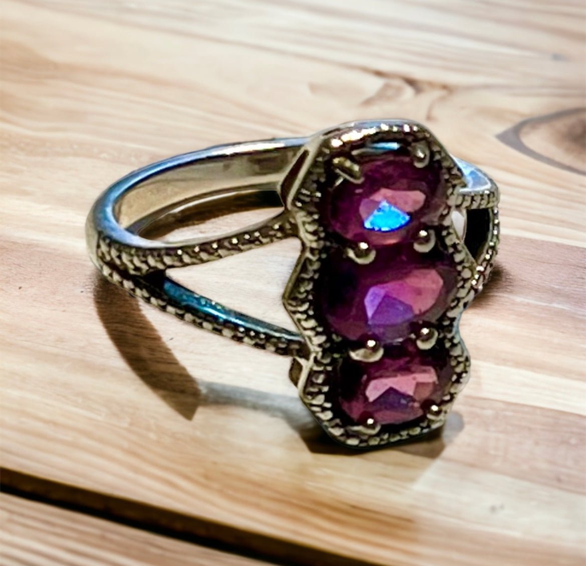 Genuine Red Garnet Tri-Stone Ring - Sun Angel Jewelry